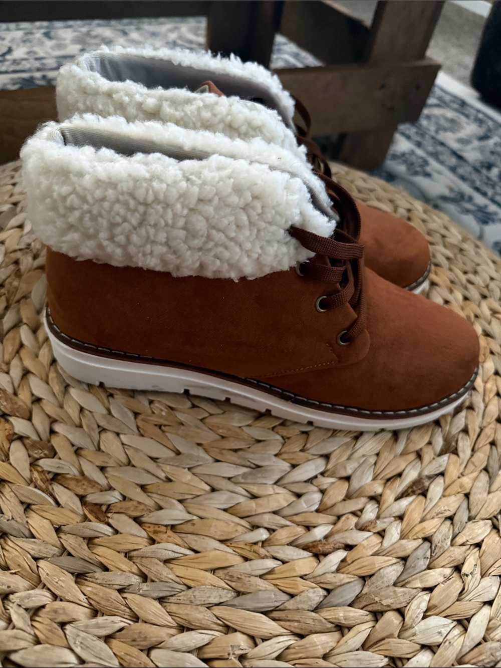 Women's Faux-Suede Lace-Up Ankle Boots with Sherpa Collar - Brown